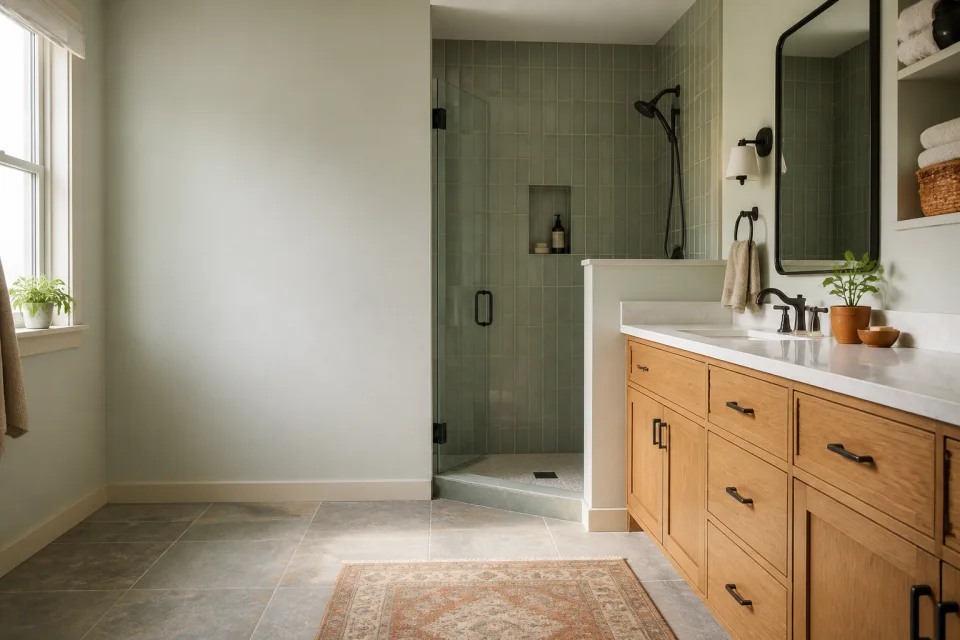 Bathroom concept with a sage tile shower, warm wood vanity and wall mirror