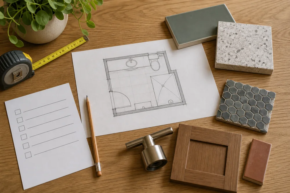 Bathroom floor plan with measuring tape, tile, wood and fixture samples