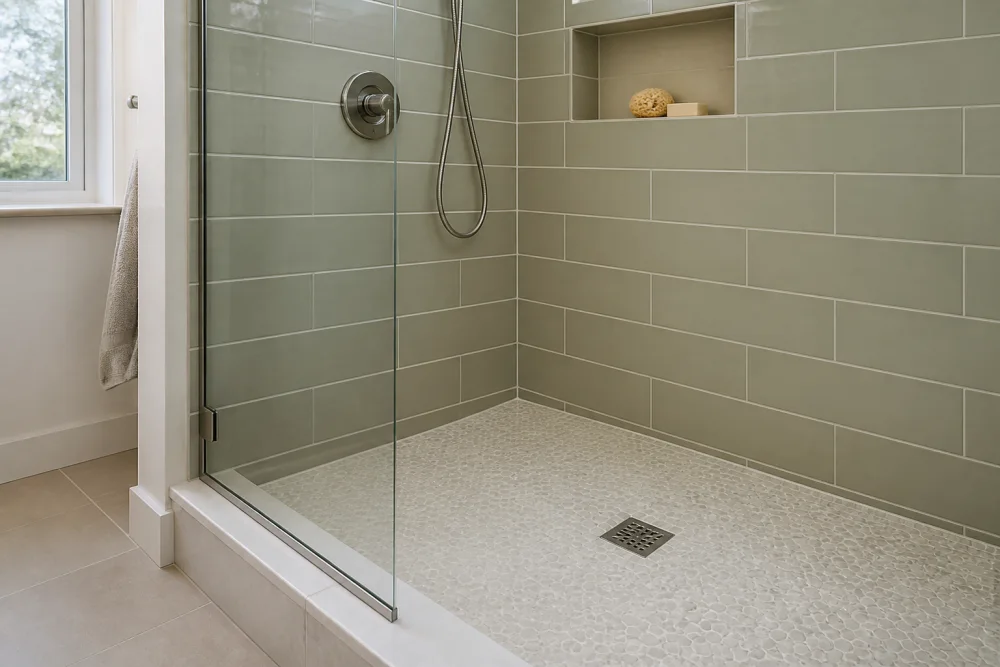 Sage tile shower concept showing a floor drain, niche, glass screen and low threshold